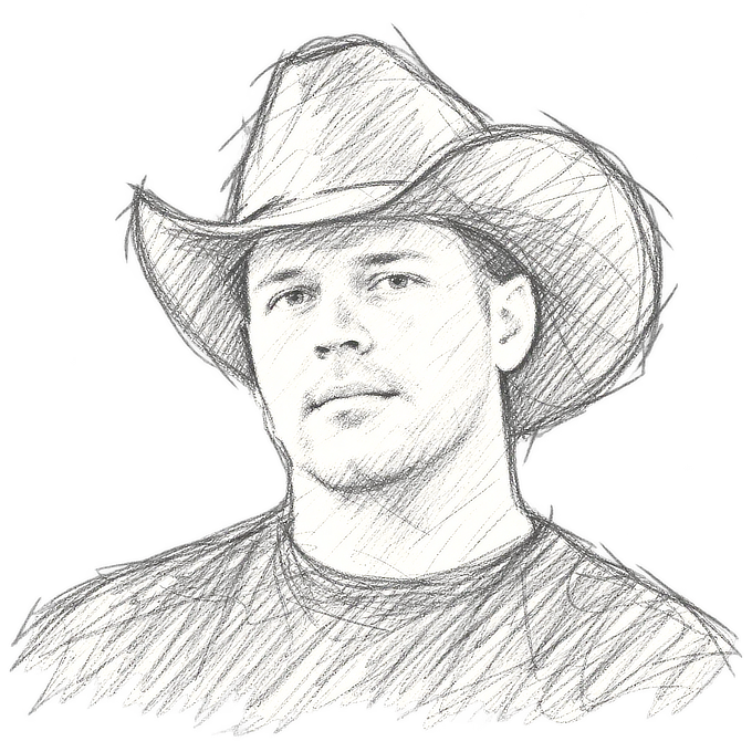 A pencil sketch of Clay Allenton in a cowboy hat