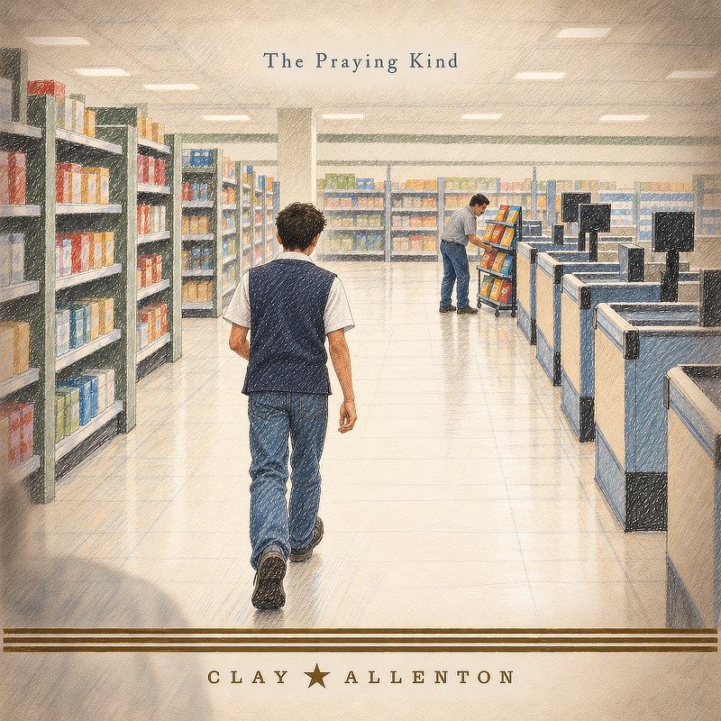 The Praying Kind cover: a coloured-pencil drawing of a young man in a work vest walking down a bright grocery store aisle, past the checkout lanes