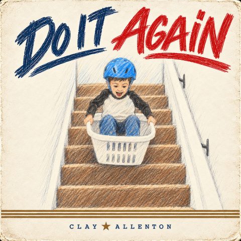 Do It Again cover: a coloured-pencil drawing of a grinning boy in a blue helmet riding a laundry basket down a staircase